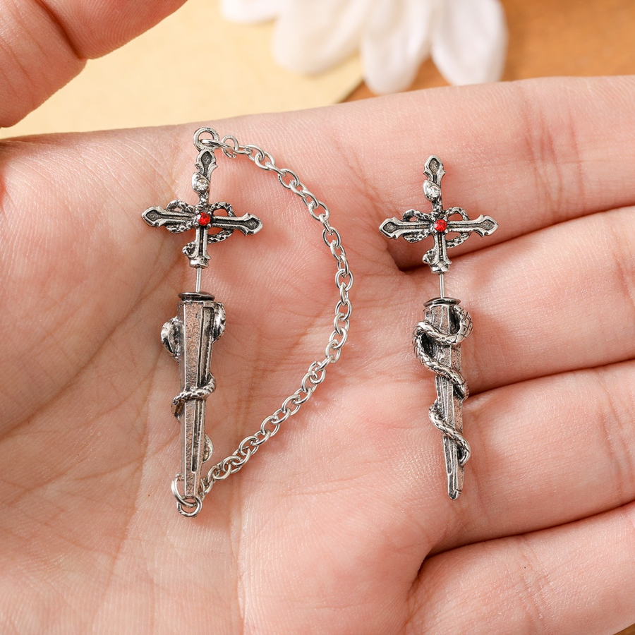 Retro Gothic Style Cross-Shaped Snake Pattern Stud Earrings
